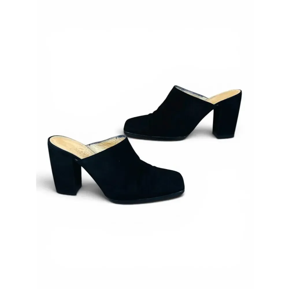 Chanel Vintage CC Logo Black Suede Block Heel Mules 35.5 Square Toe Slides Italy